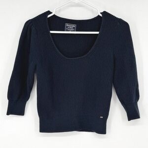 Abercrombie & Fitch  XS Navy Blue Ribbed Knit Scoop Neck Puff Sleeve Sweater Y2K